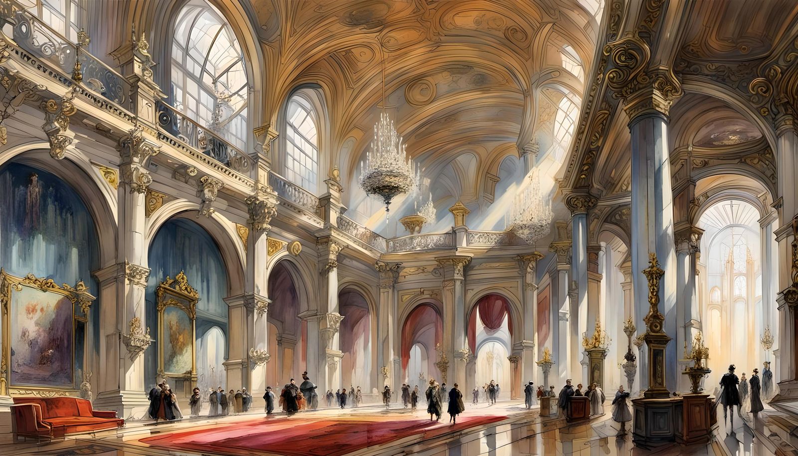 French Palace Hall Interior in Watercolor Style