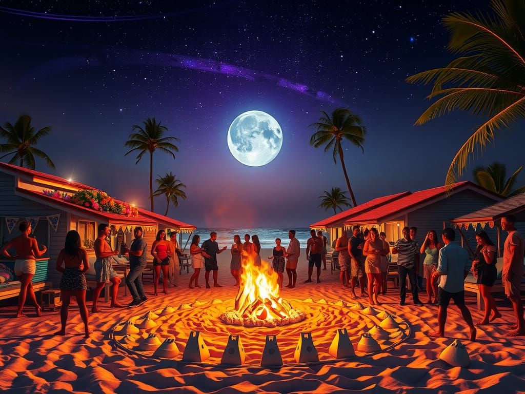 Late night fire pit lit beach party in the Caribbean, <beach...