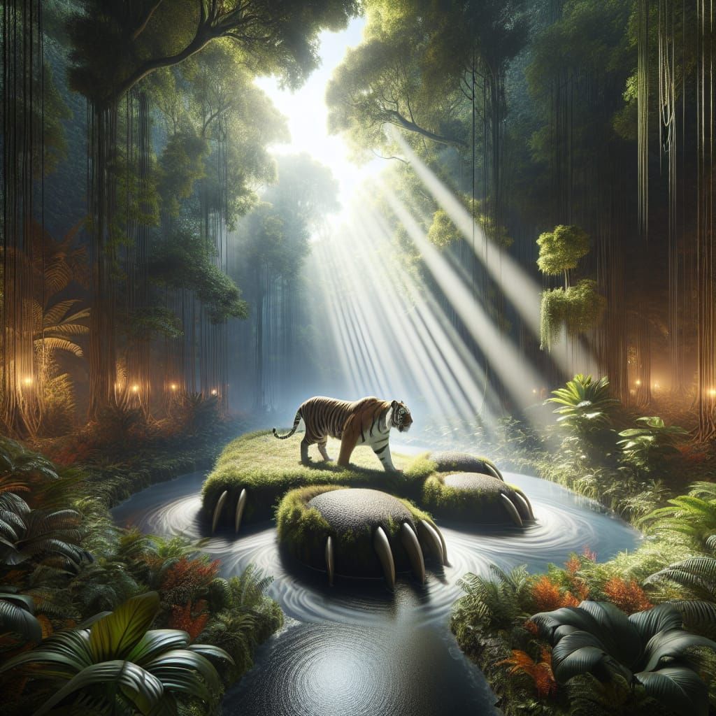 Tiger in Pawprint: Rainforest Realist Artwork