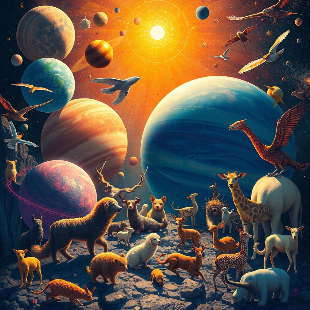 Celestial Animals in a Dreamy Sci-Fi Landscape
