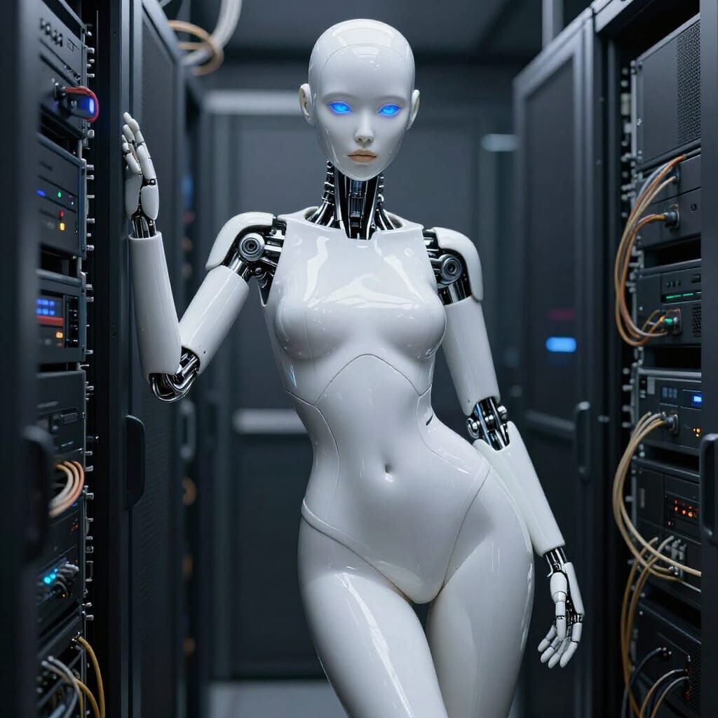A hyper-realistic, cinematic of a next-generation "Physical AI" humanoid assistant in 2026. The android features a minim...
