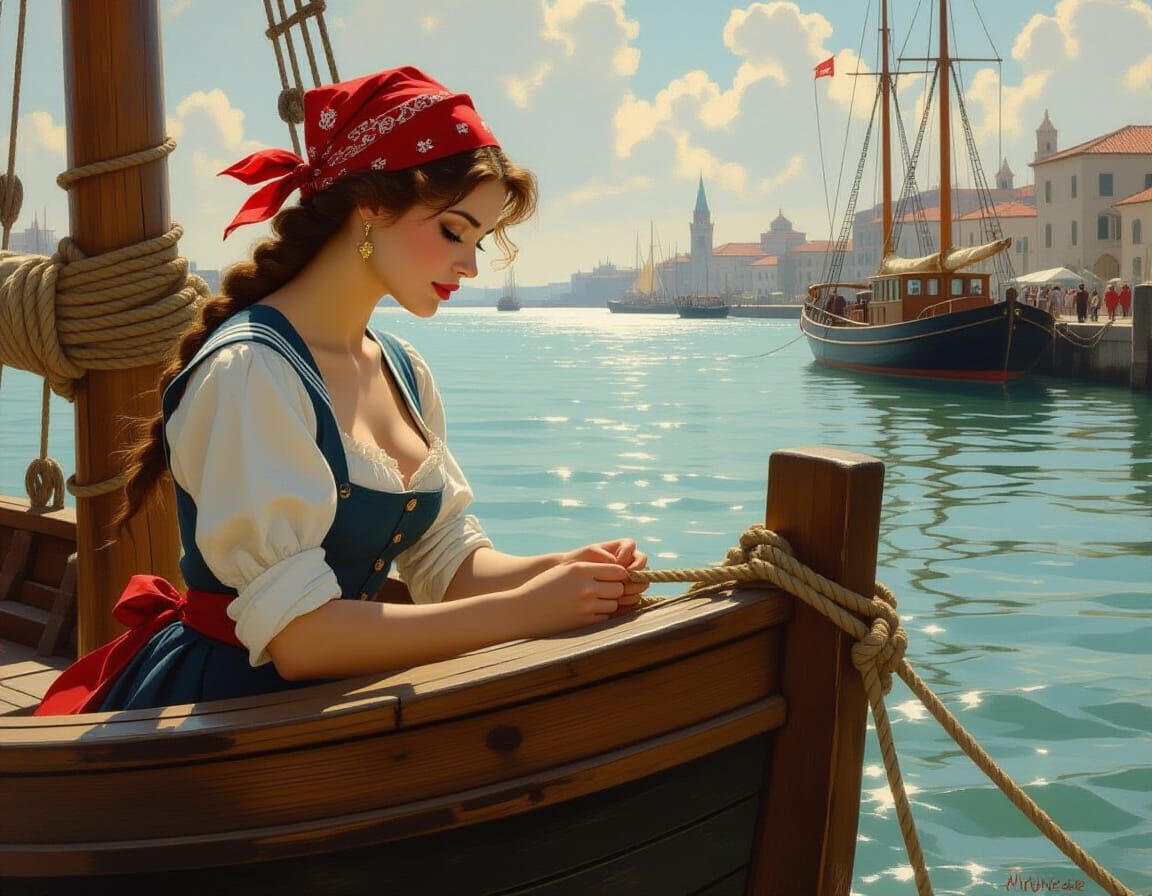 Renaissance Sailor Woman Tying Knot to Boat