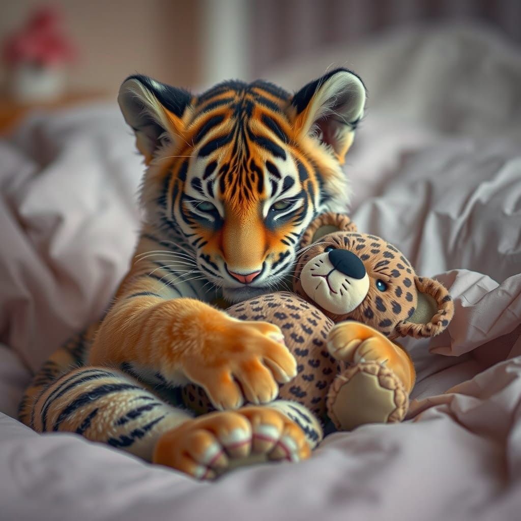 Tiger Cub Snuggles Teddy Bear: Whimsical Photo