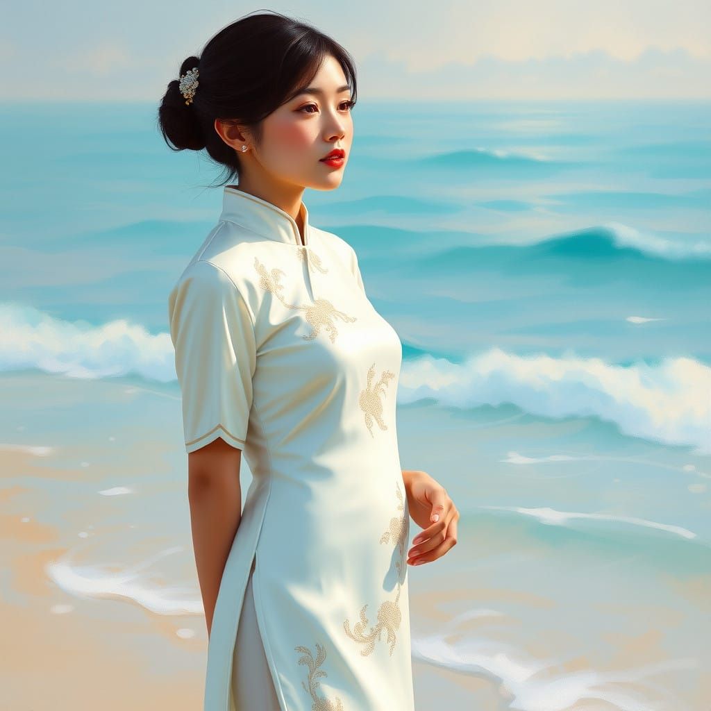 Young Chinese Woman in Elegant White Cheongsam at the Beach...
