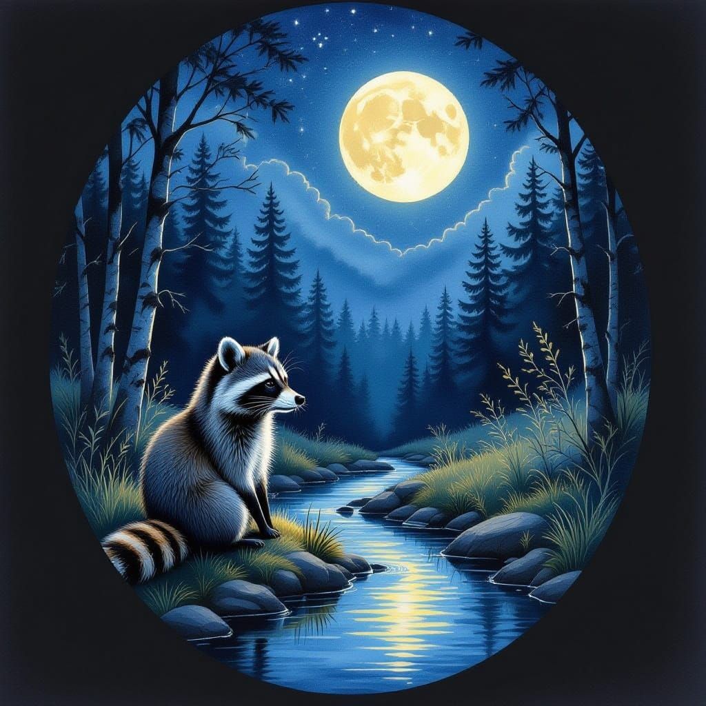 Raccoon Portrait by Moonlight in Watercolor Style