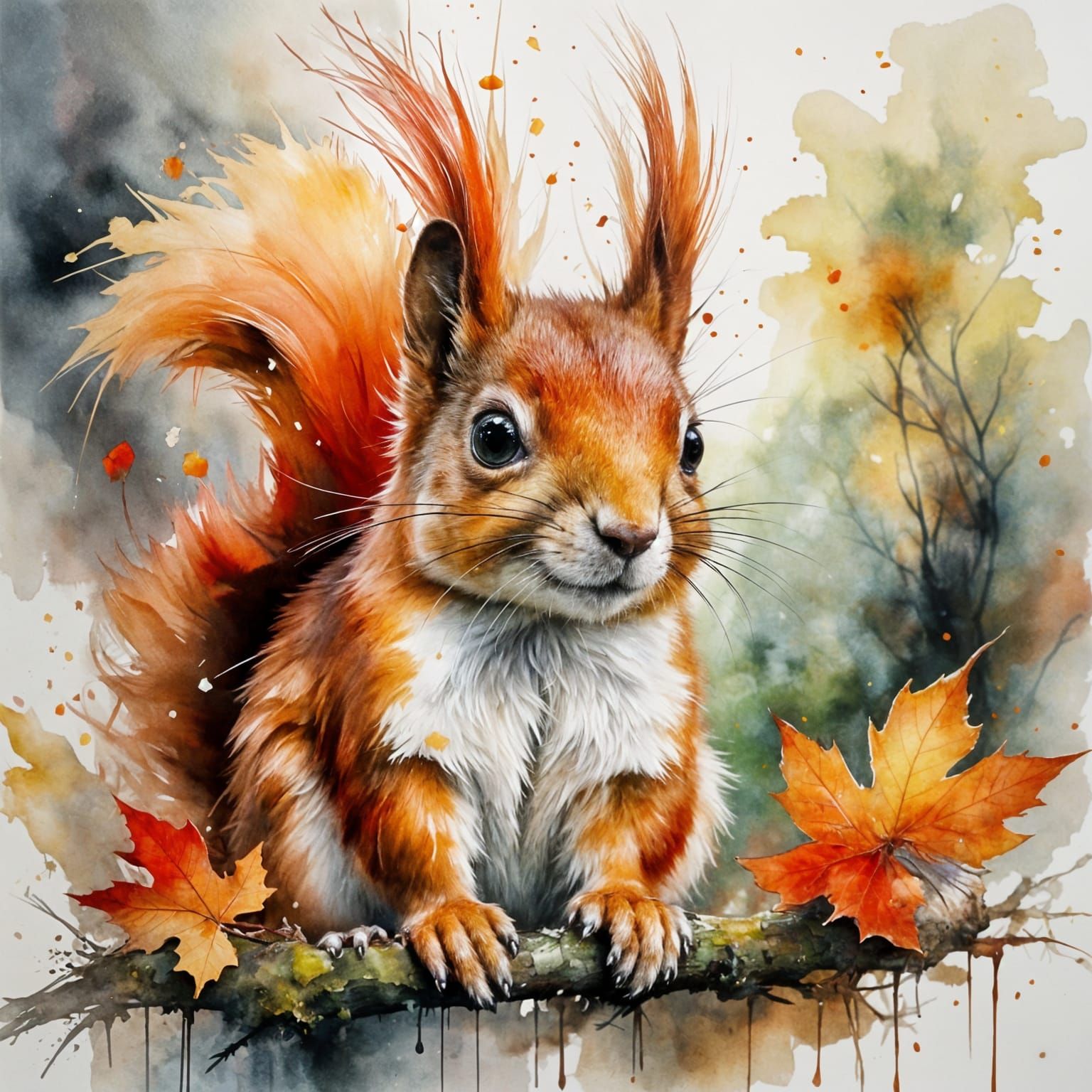 Red Squirrel Kit in Mossy Nest - Stylized Watercolour
