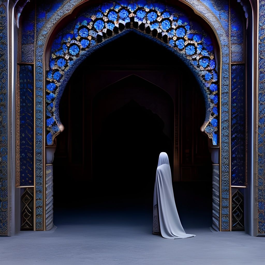 Woman in Floral Archway with Islamic Pattern Tiling