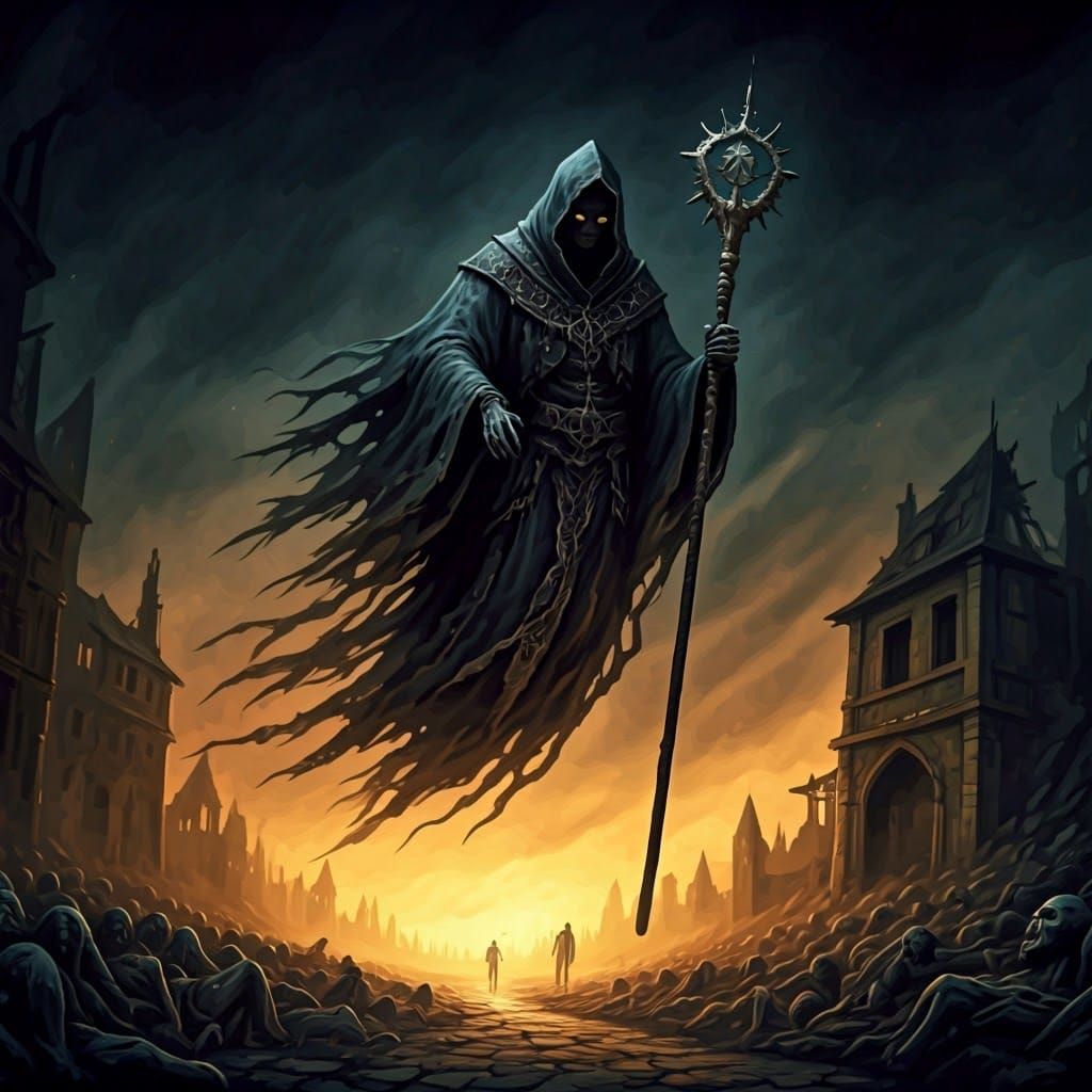 Dark Reaper Stands Above Twisted Souls in Tattered Robes