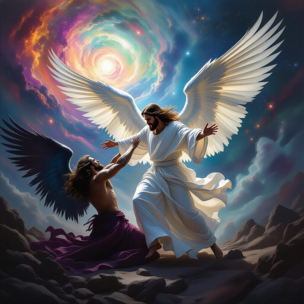 Jesus Defeats Fallen Angel in Cosmic Battle