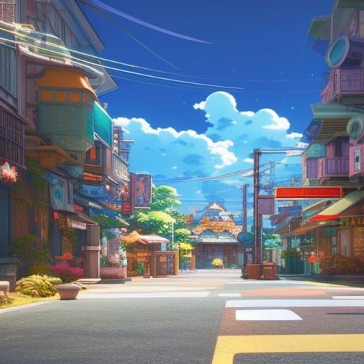 Anime Hawaiian Streetscape in Solarpunk Manga Style