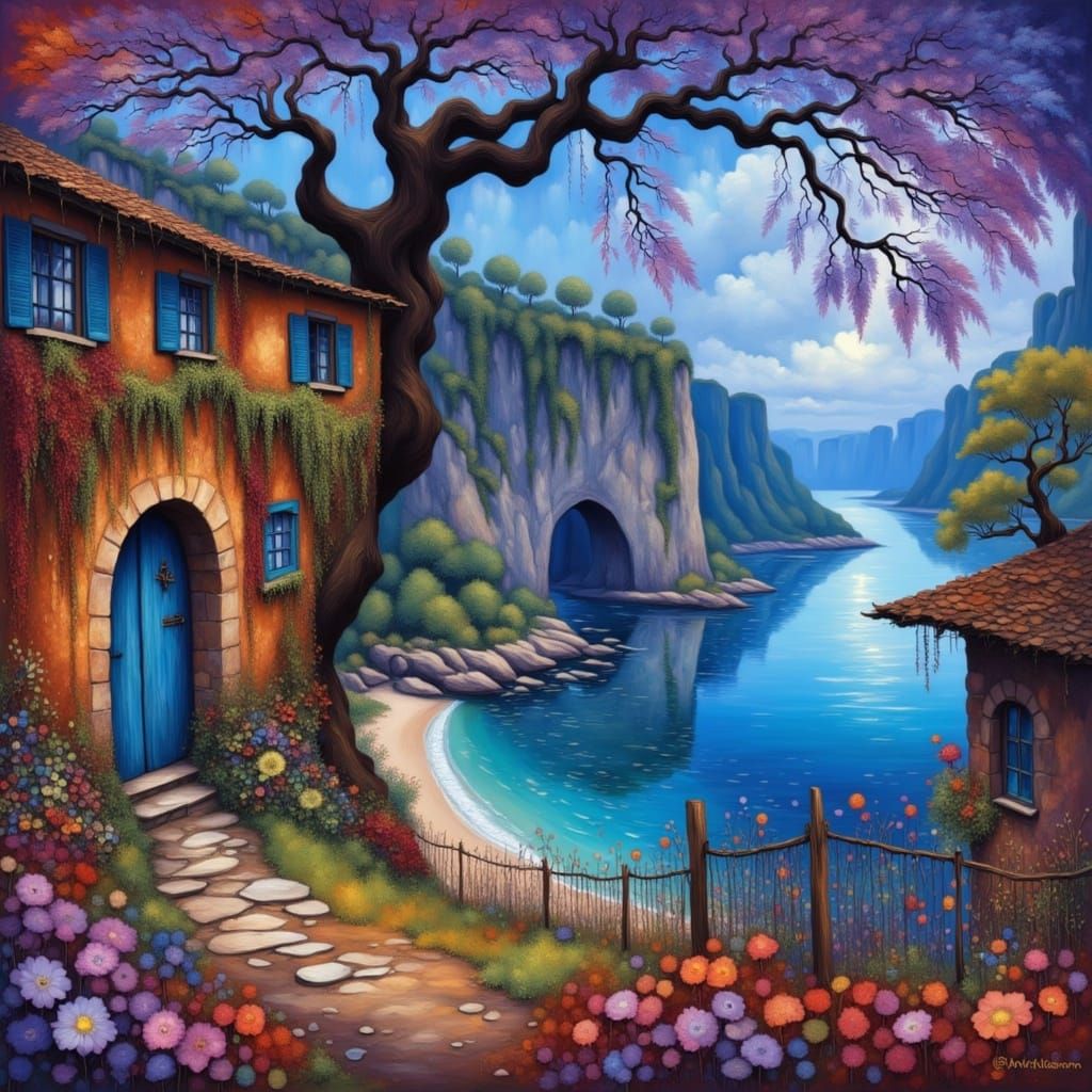 Rainy Coastal Town at Night, Impressionist Style