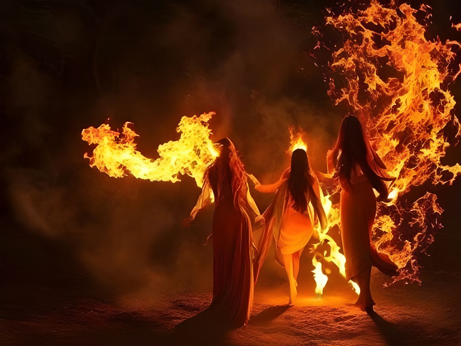 Colorful Fire Beings Dance in a Fantasy Fire
