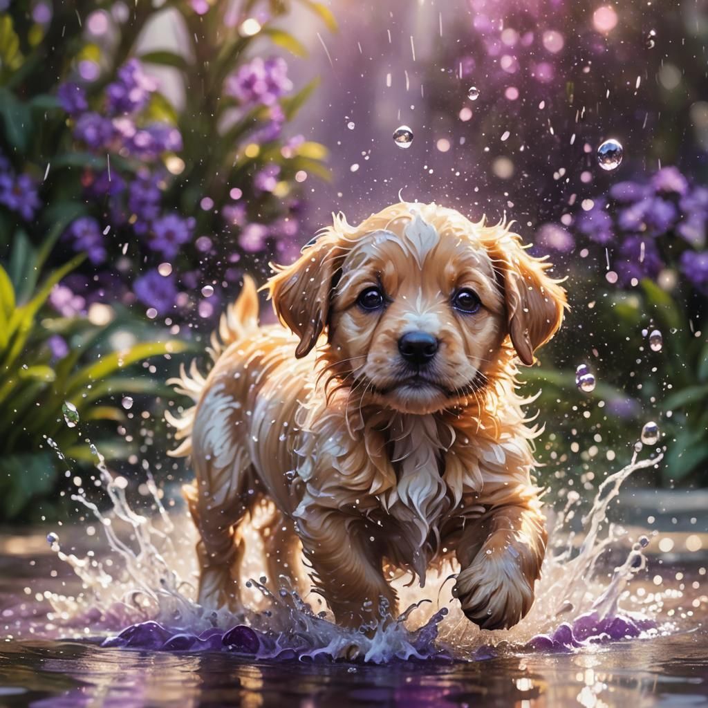 Cute Puppy Water Splashing in Oil Paint Style
