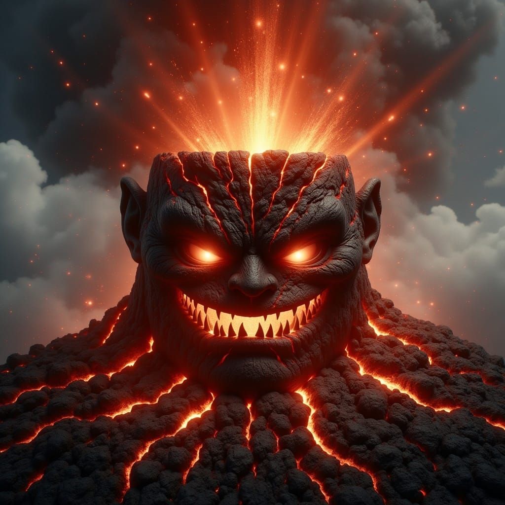 Anthropomorphic Volcano with Angry Face Erupting