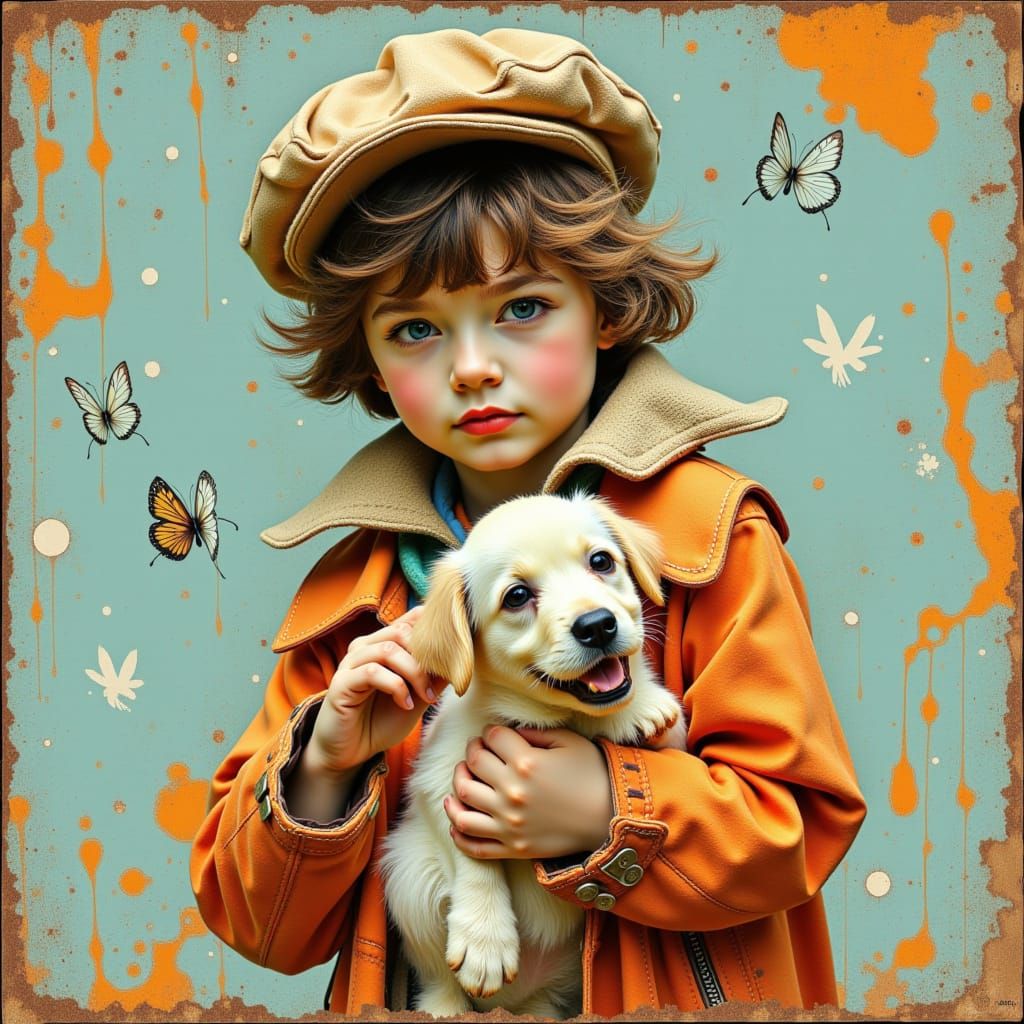 little boy baker boy cap with white puppy, textured clothing, splas...