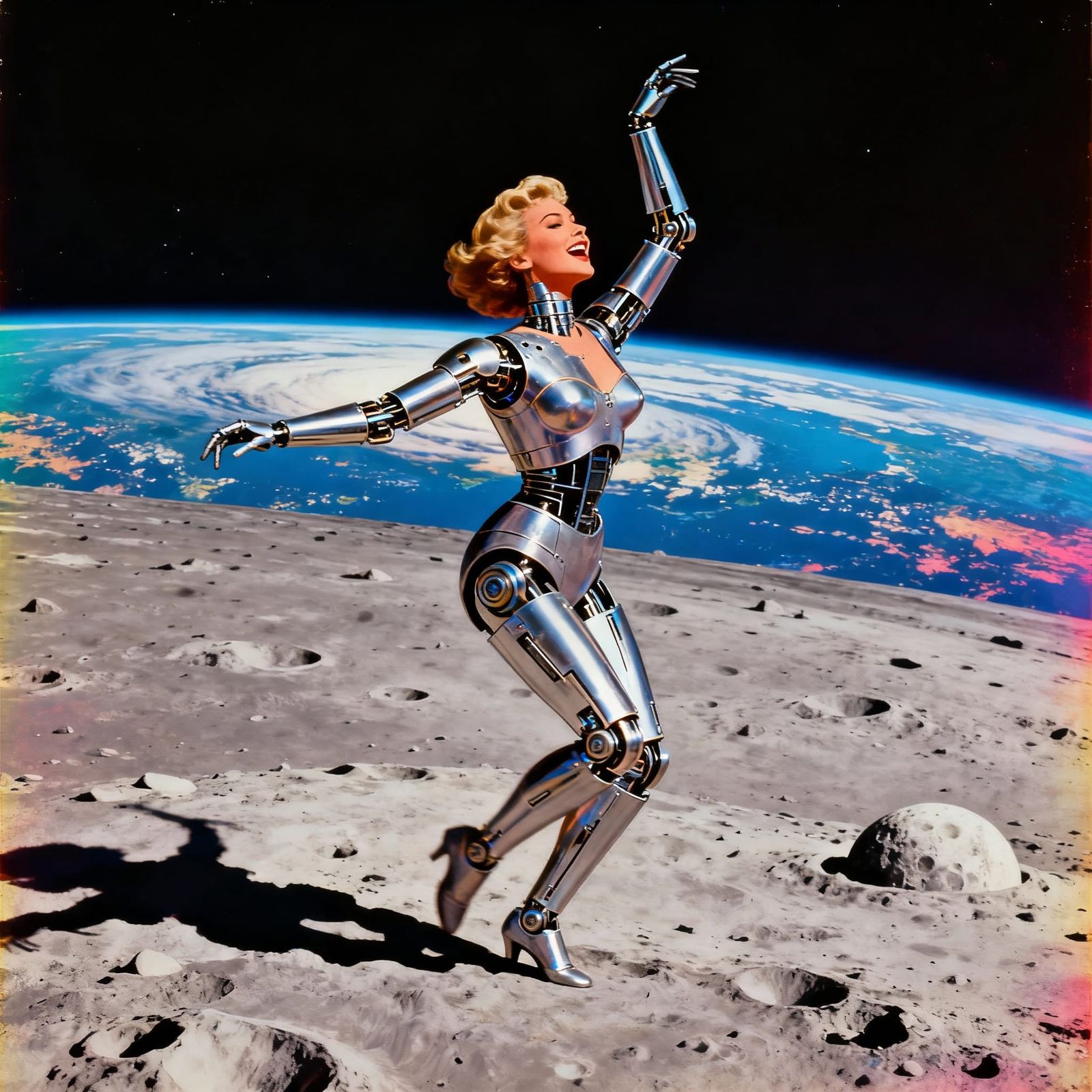 Bionic Woman Dances on Moon in 1940s Technicolor Poster Styl...