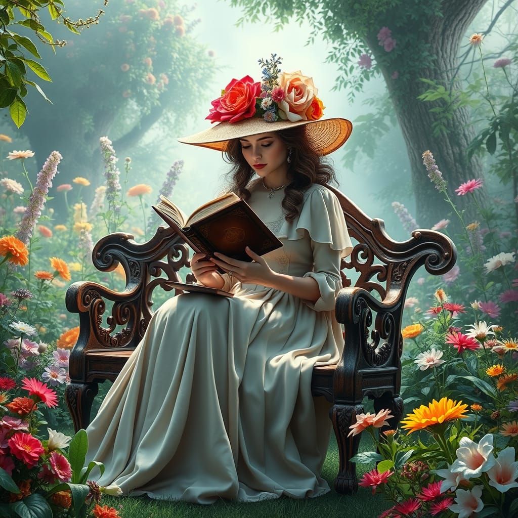 A gracefully dressed woman with a large hat, adorned with flowers, sits on a bench, reading a book amidst a vibrant, blo...