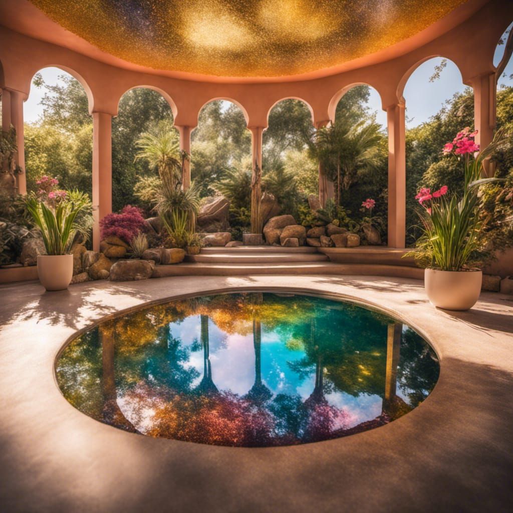 Glitter pool garden room half indoors half outdoors with waterfal...