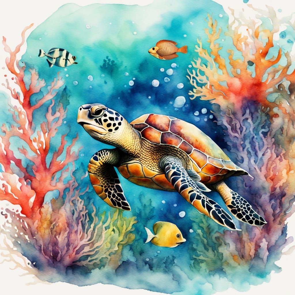 Friendly Turtle Swims in Coral Reef Watercolor Illustration