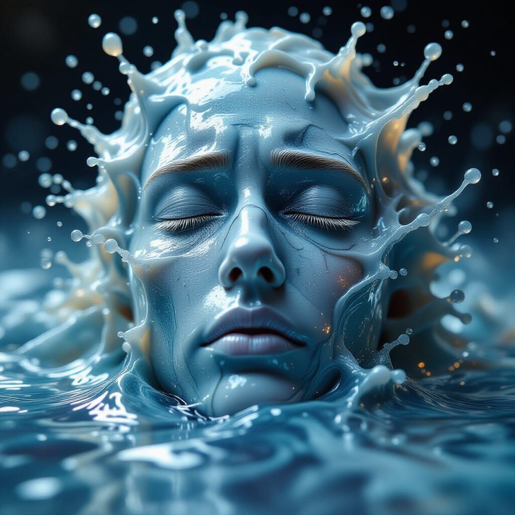 Face Emerges From Marble Splash, Galaxy Reflections