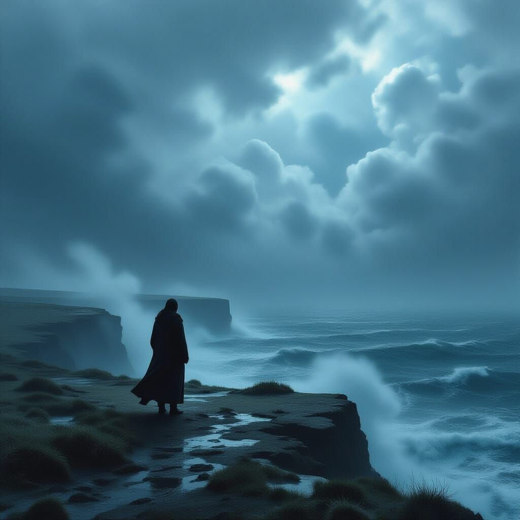 Figure Contemplating Stormy Sea on Windswept Cliff
