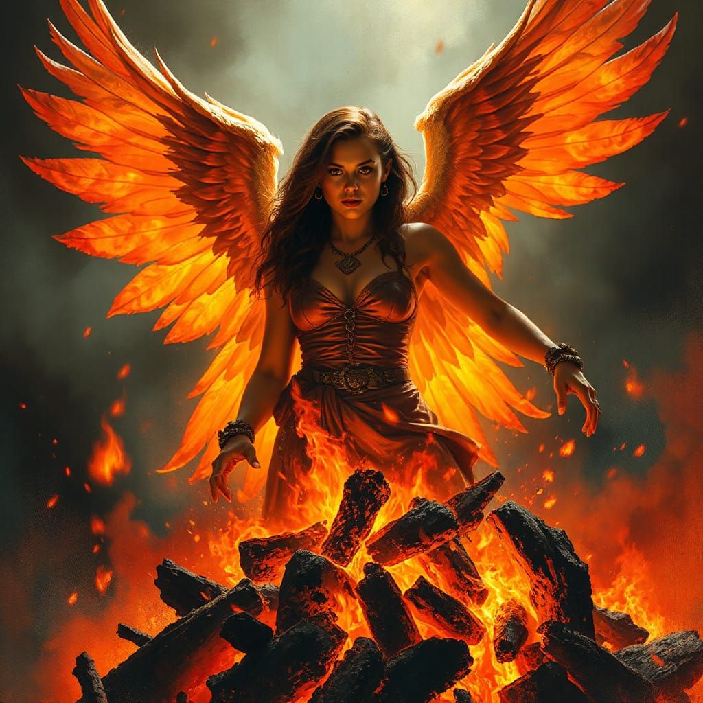 Phoenix Woman Rises from Flames in Epic Fantasy Art