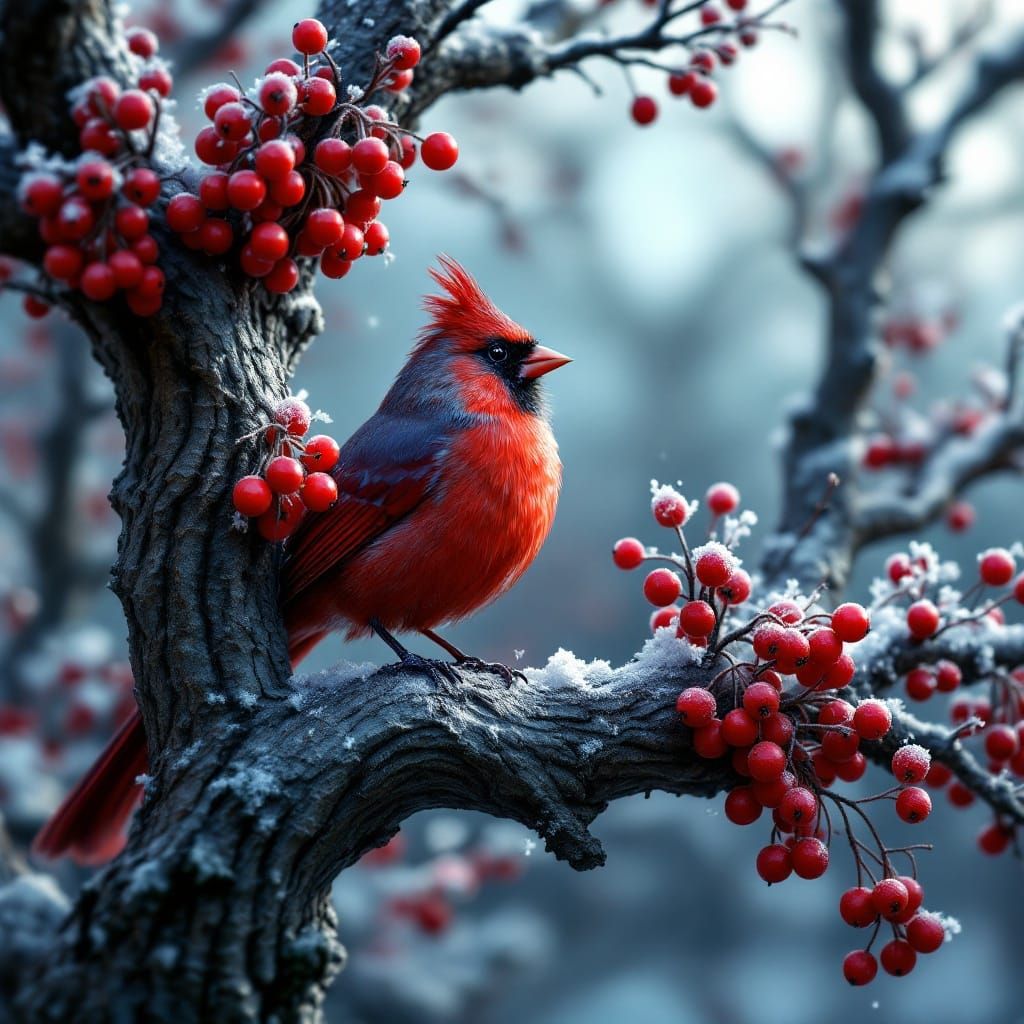 Cardinal on Frosty Branch: Hyper-Realistic Matte Painting