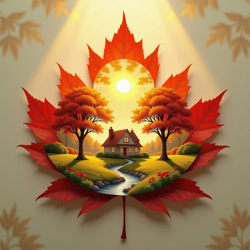 Maple Leaf Landscape with House and Garden