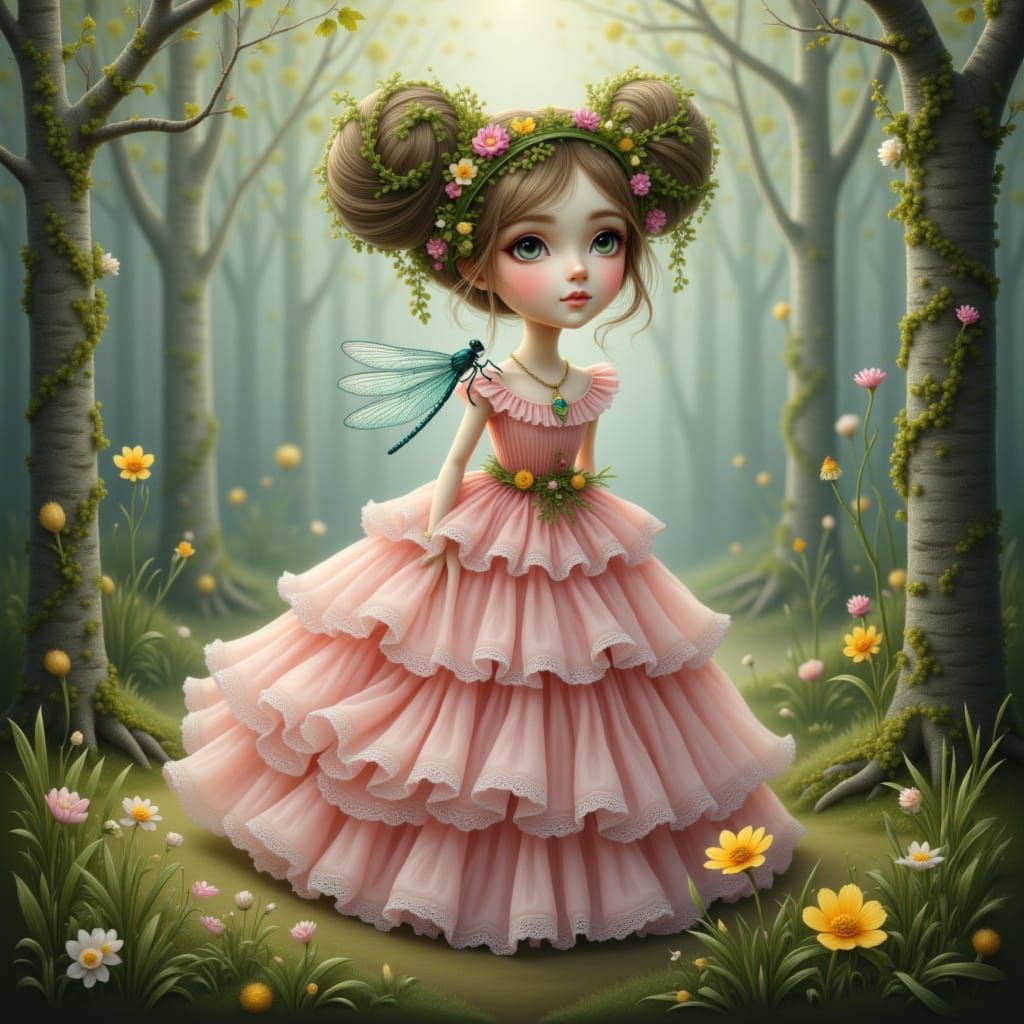 Ethereal Woman with Damselfly in Dreamlike Forest