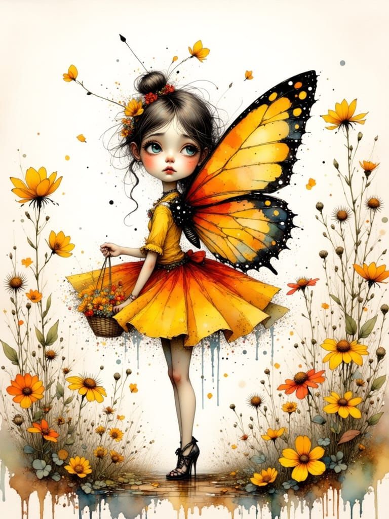 Confused Butterfly in Floral Garden, Cartoon Style