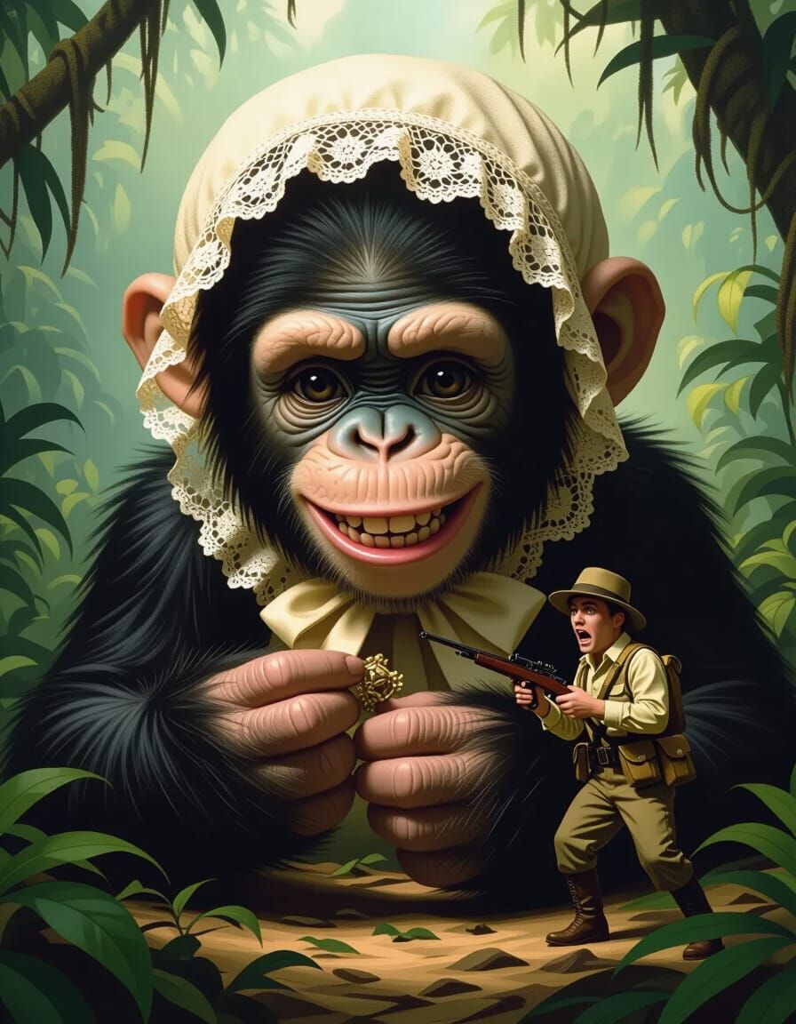 Giant Ape in Lace Bonnet Plays with Safari Hunter in Jungle