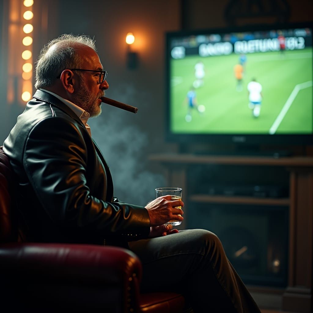 Charismatic Gambler Watching Football in 1970s Film Style