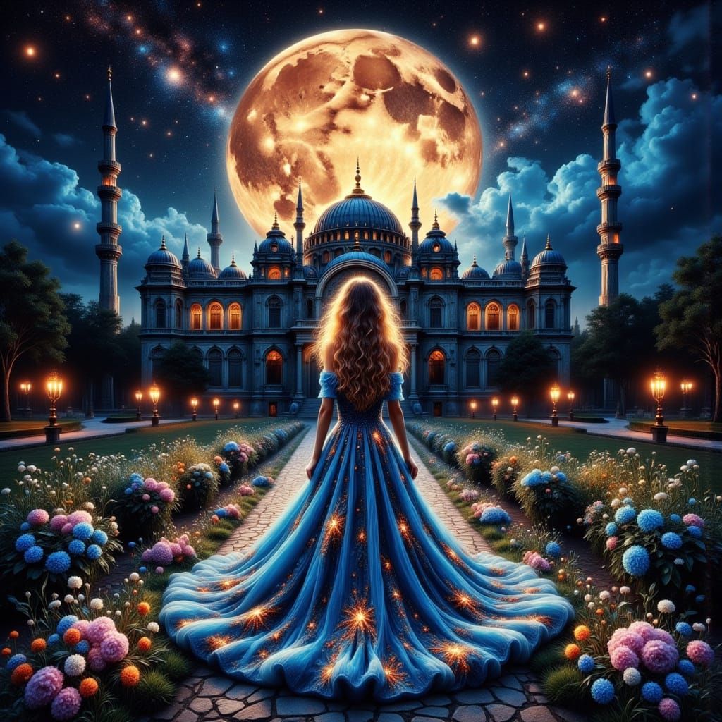 Ethereal Turkish Woman in Luxurious Evening Gown Amidst Ista...