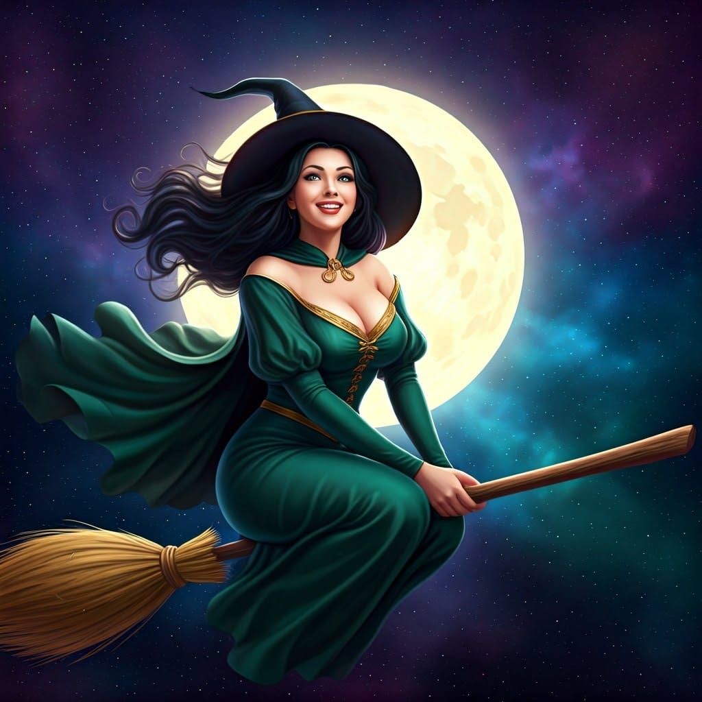 Mystical Witch Takes Flight Under Full Moon