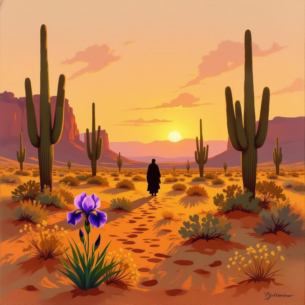 Desert Dusk with Iris in Bierstadt Style