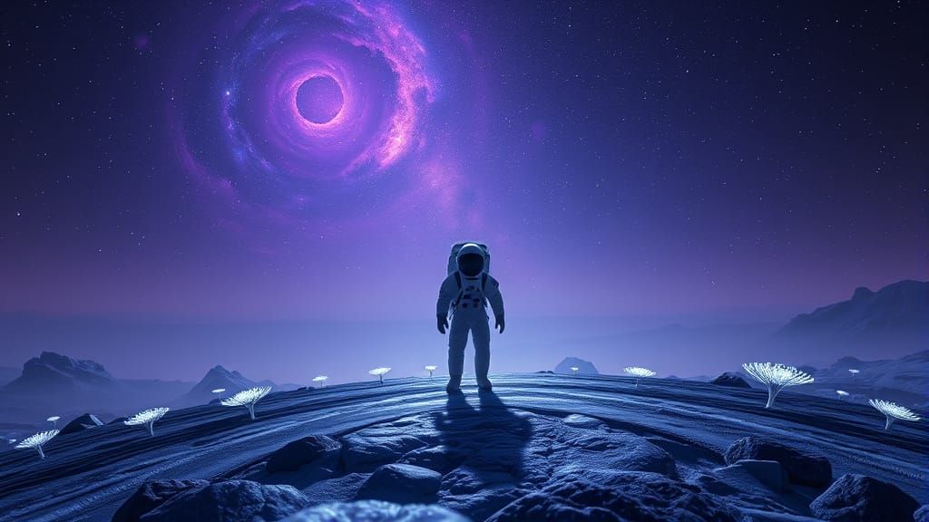 Astronaut on Crystalline Planet with Bioluminescent Flora