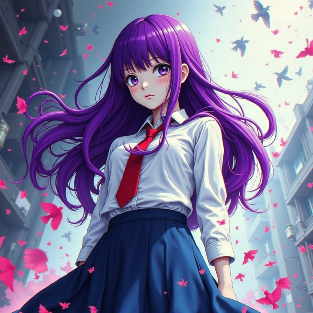 Anime Girl with Purple Hair in Glitched School Uniform