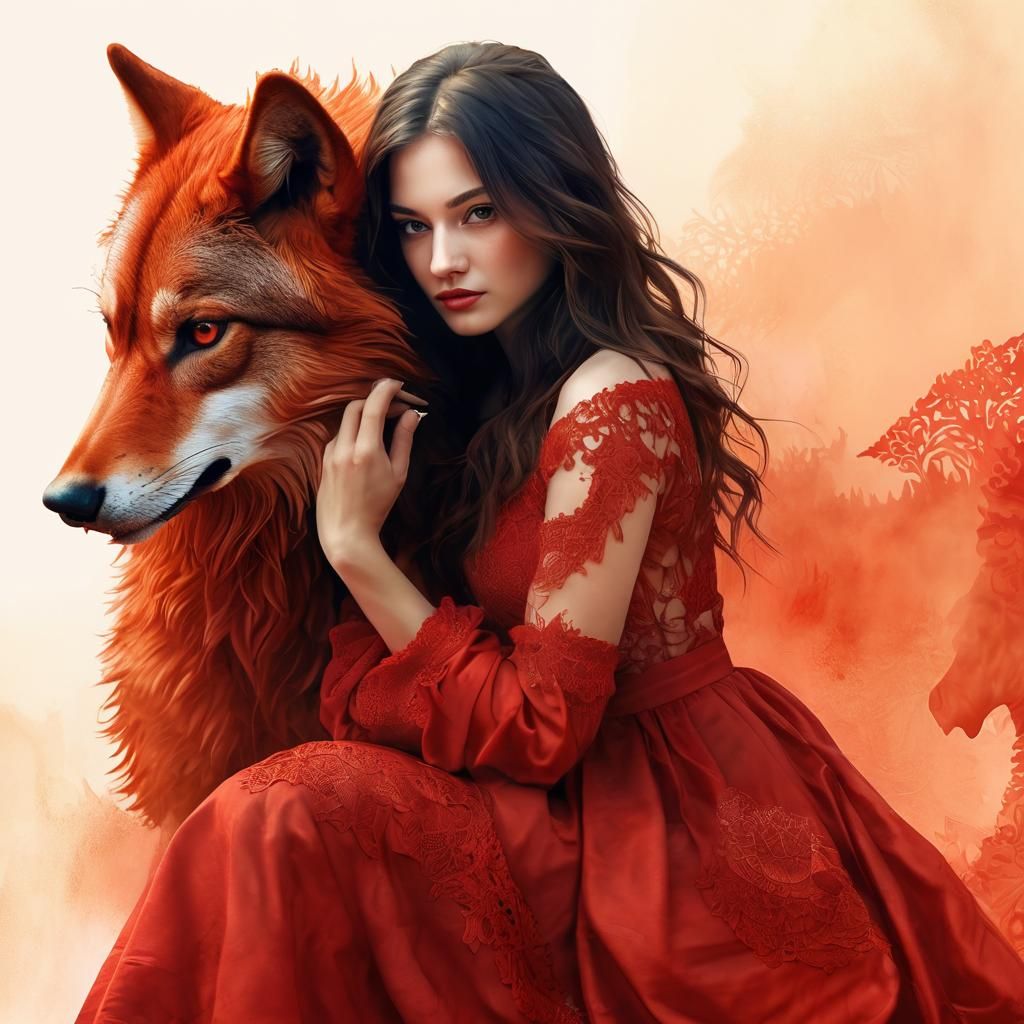 Woman on Red Wolf: Digital Watercolor Painting