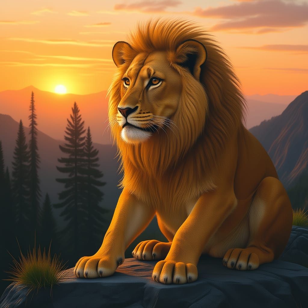 Lion Proudly Watches Cub at Sparkling Sunset