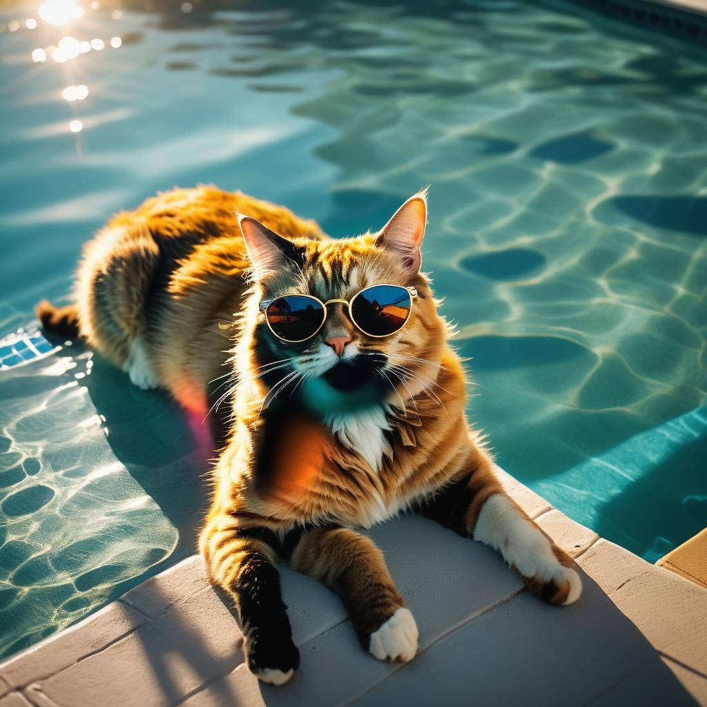 Cat Lounging by Pool in Film Noir Style