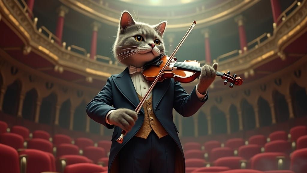 Elegant Maincoon Cat Performs Violin on Grand Stage in Victo...