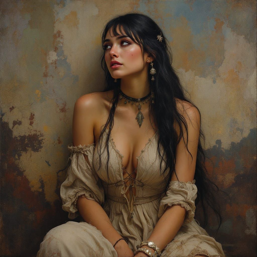 Tonalist Portrait of Lakota Woman in Mucha & Waterhouse Styl...