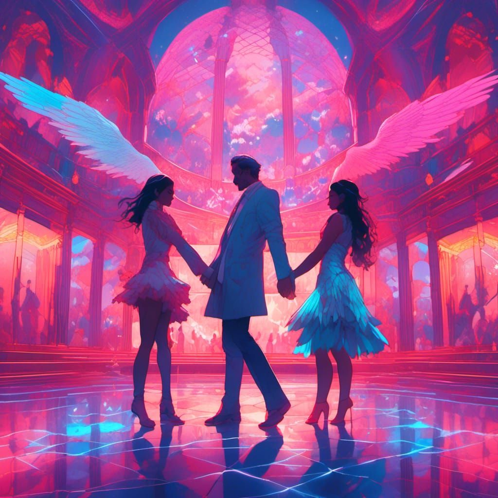 Angels Dancing in Synthwave Neon Ballroom