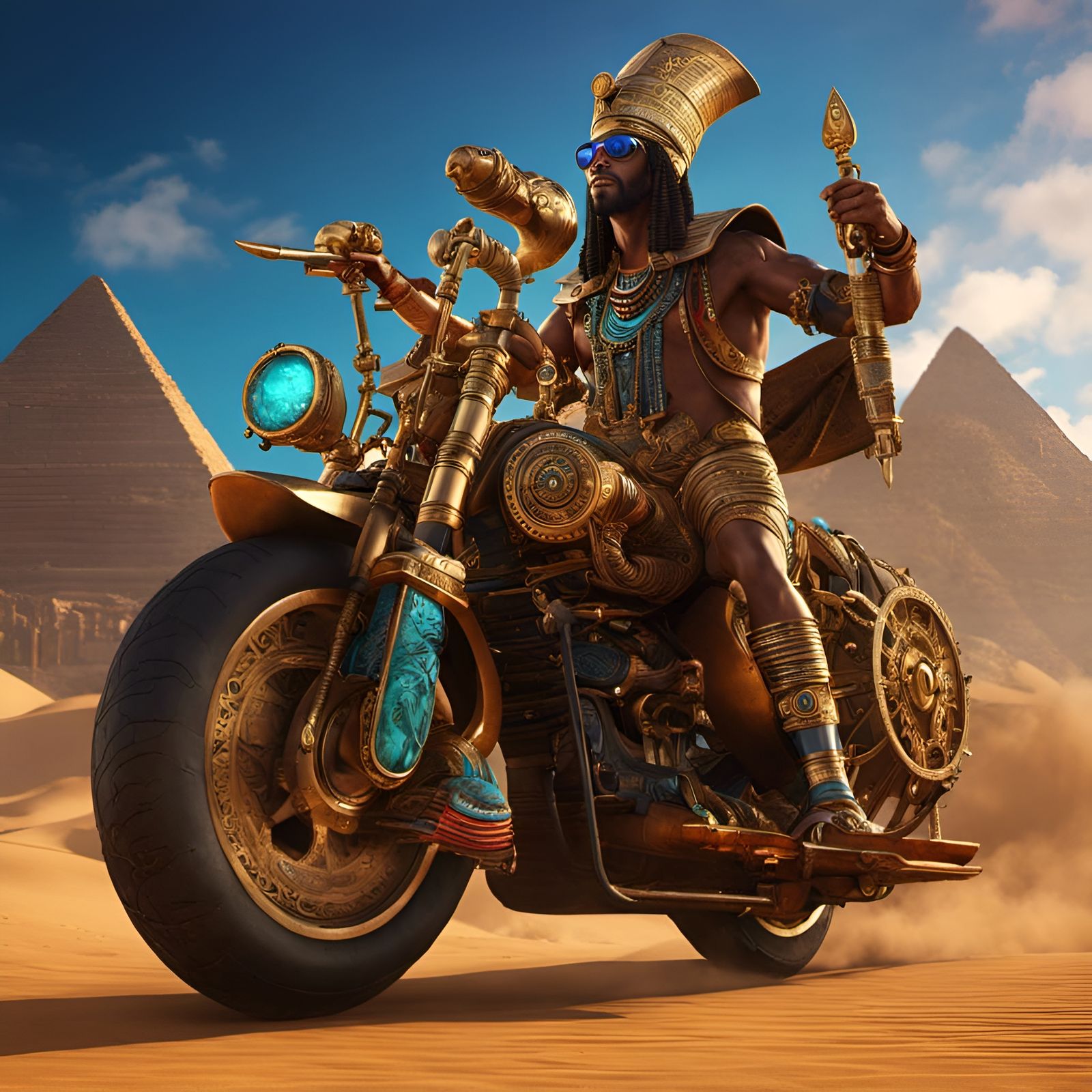 Funky Egyptian God on Steampunk Motorbike