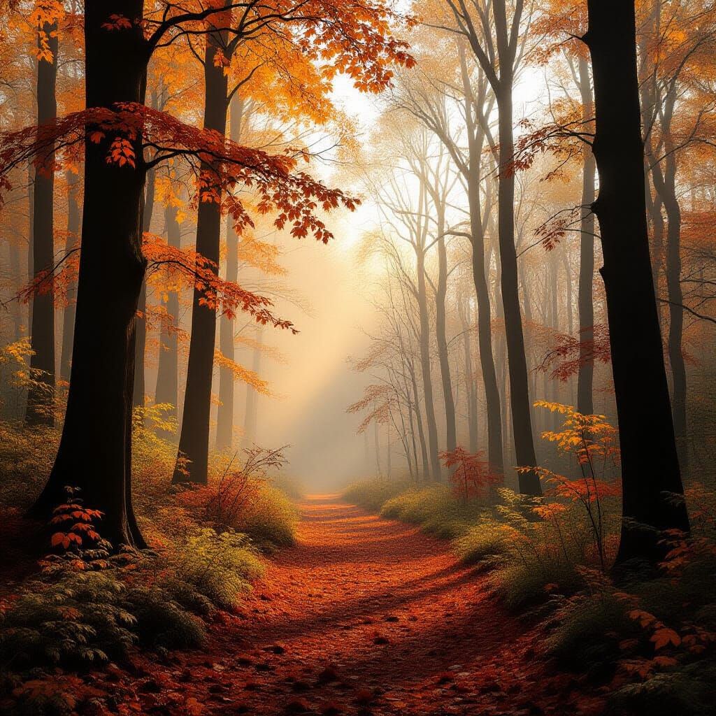 Tuschemalerei Herbstwald Mit Nebel Und Goldakzenten