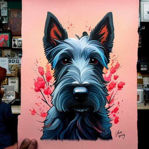 Scottish Terrier Portrait in Gouache Illustration Style