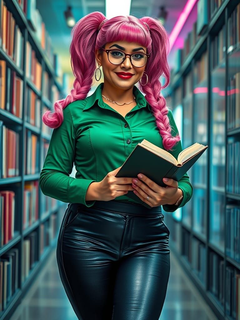 Psychedelic Middle Eastern Woman in Cyberpunk Library