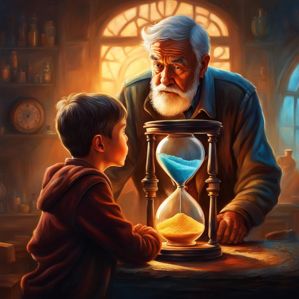 Hourglass Scene: Hyperrealistic Old Man and Boy