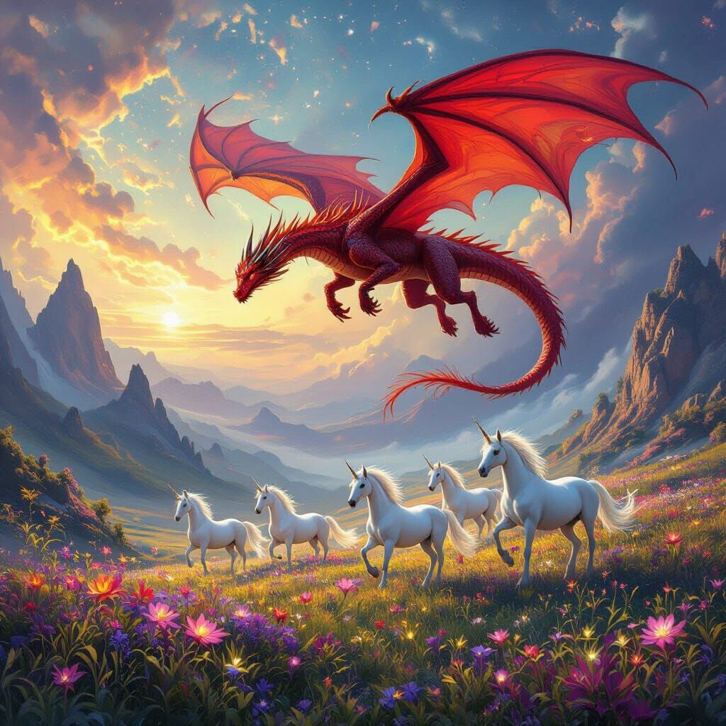 Scarlet Dragon Soars Over Ethereal Realm With Unicorns