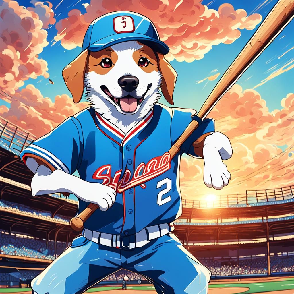 Dog Playing Baseball in Japanese Anime Style